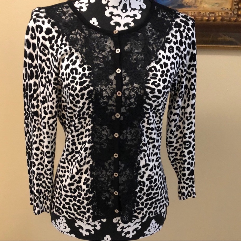 White House Black Market Leopard Print Lace Button down ribbed trim Cardigan